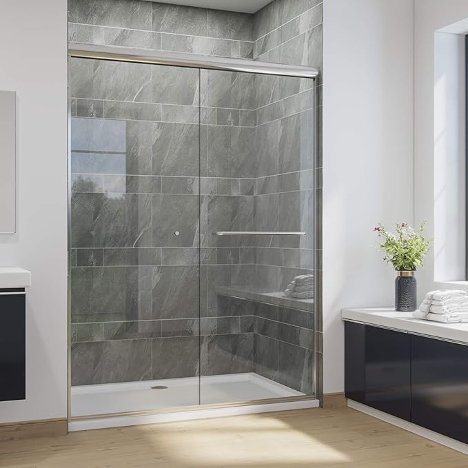 SUNNY SHOWER Doors Glass Sliding Semi-Frameless Shower Glass Door, 1/4" Clear Glass, 52.5-54" W x 72" H Bathroom Sliding Shower Enclosure Chrome Finish