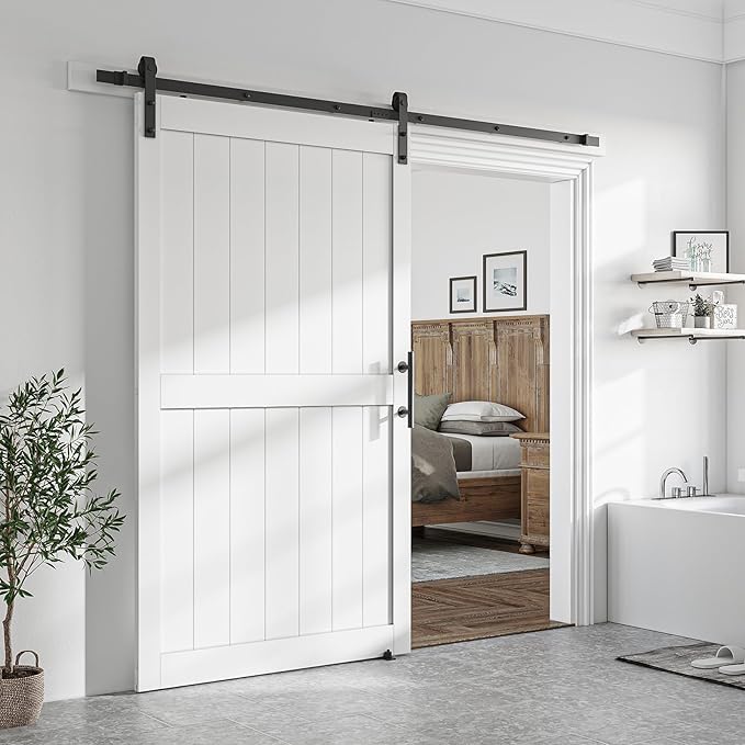 SmartStandard 48 x 80 inch White Sliding MDF Barn Door with 8FT Black Sliding Door Hardware Kit & Handle, Pre-Drilled Ready to Assemble, Waterproof PVC Coating, H-Frame