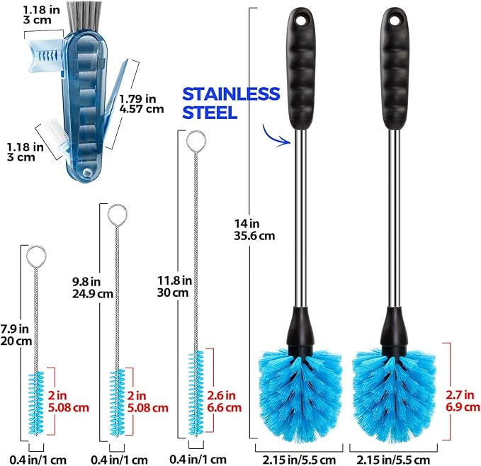 Holikme 6 Pack Brush Set, 14" Long Handle Stainless Steel Cleaner, 3 Straw Brushes, 4-in-1 Cleaning Brush for Water and Baby Bottles, Straws - Aqua