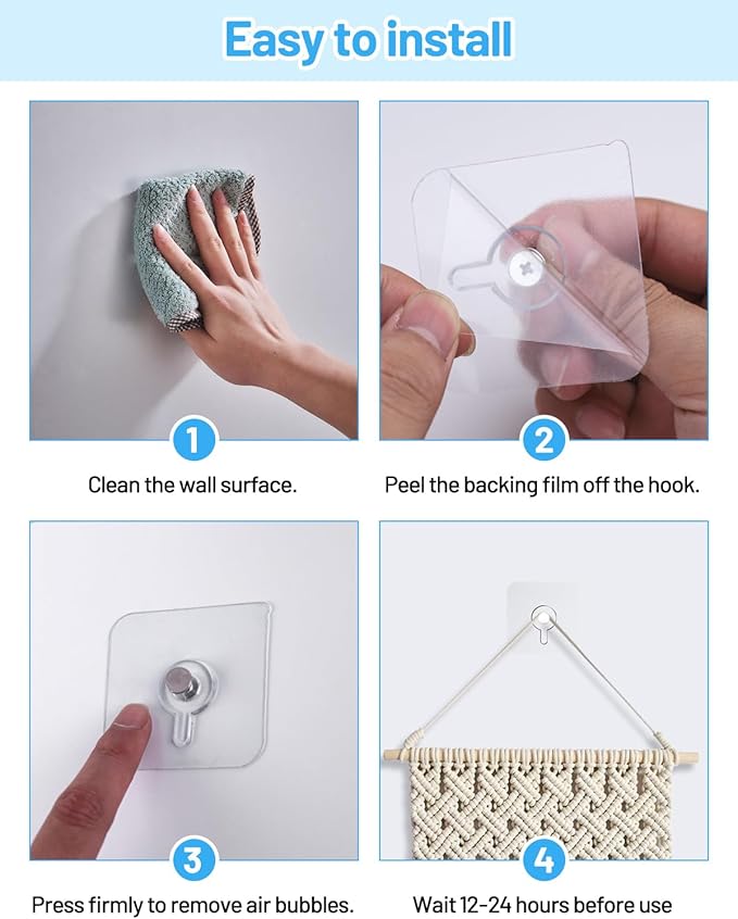 12 Pcs Picture Hangers without Nails, 20 Ibs Load Heavy Duty Self Picture Hanging Hooks for Hanging, Waterproof Adhesive Picture Hooks for Bathroom Kitchen, Transparent Sticky Hooks for Frames