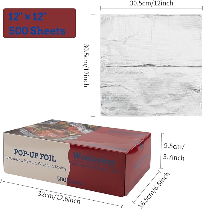 Aluminum Foil Sheets, 500 Sheets, 12 x 12inch/sheet, Precut Aluminum Foil Wraps, Pop-Up Interfolded Foil Sheets for Baking, Grilling, Roasting, Cooking or Storing Food, Large, Silver