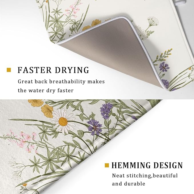 Khope Spring Dish Drying Mat for Kitchen Counter 18x24 Inch Sage Green Wild Flower Plant Reusable Washable Drying Pad Countertop Home Decor