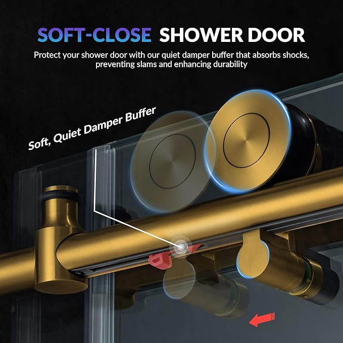 Woodbridge Frameless Single Sliding Shower Doors in Brushed Gold Finish, 45.5-48" Width x 76" Height with 3/8"(10mm) Clear Tempered Glass, Soft Close System and Explosion-Proof Film, BSDC4876-BG