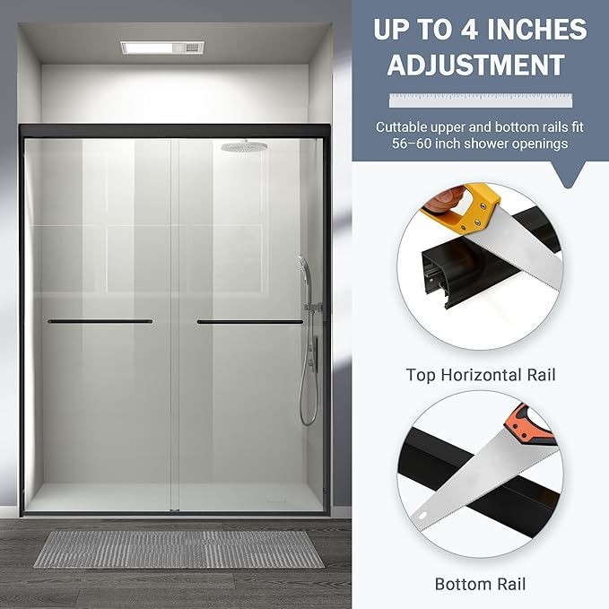Abruzzo Double Sliding Shower Door - 56-60" Adjustable Width, 72" Height, Semi-Frameless Tempered Glass Enclosure for Walk-in Showers, Matte Black