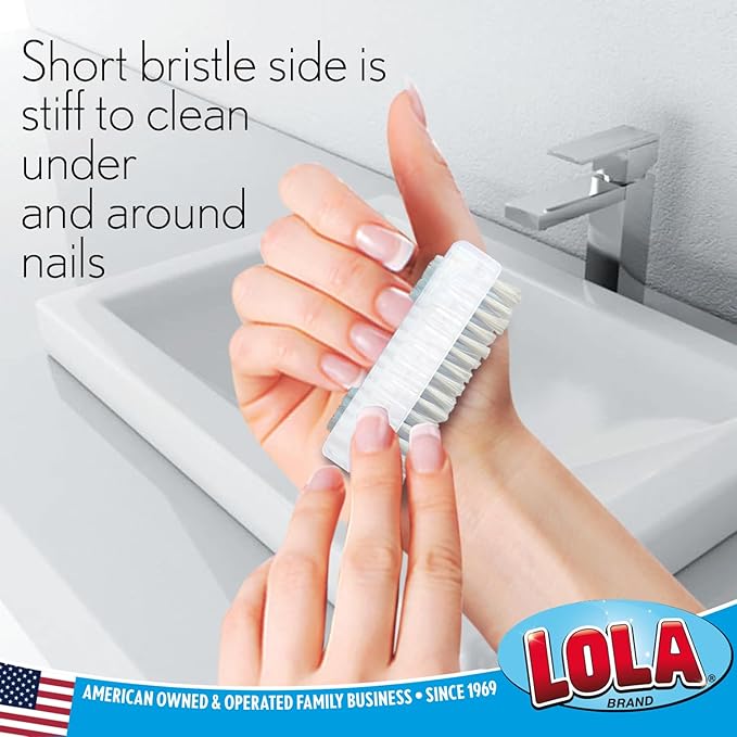 LOLA Classic Hand & Nail Brush, 2 Sided - 3 Pack, Soft & Stiff, Long-Lasting, Comfortable No-Slip Grip, Cleans Hands & Fingernails, White