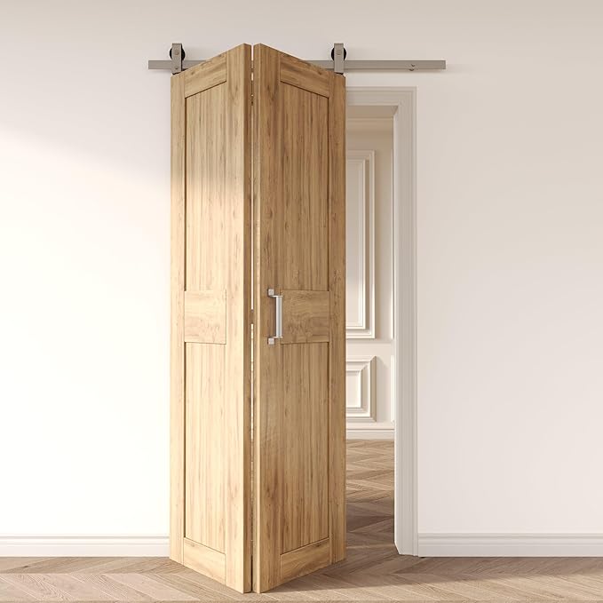Homacer 42in Brushed Nickel Top Mount Bi-Folding Sliding Barn Door Hardware Kit for 2 Doors,Heavy Duty, Quietly,Easy to Install (Door Not Included)