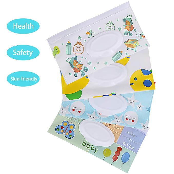 FEBSNOW 4 Pack Baby Wipes Container, Reusable Portable Wet Wipe Pouch, Wipe Dispenser Container, Baby Travel Wet Wipe Holder