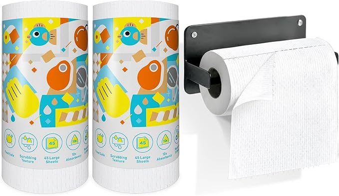 45 Pack Plant-Based Reusable Cleaning Cloth Rolls, Household Hand Wipes, Ultra Absorbent, Scratch Free, Lint Free, Washable Paper Towels for Home, Cleaning Supplies, 8.6" x 11.8" (2 Rolls)