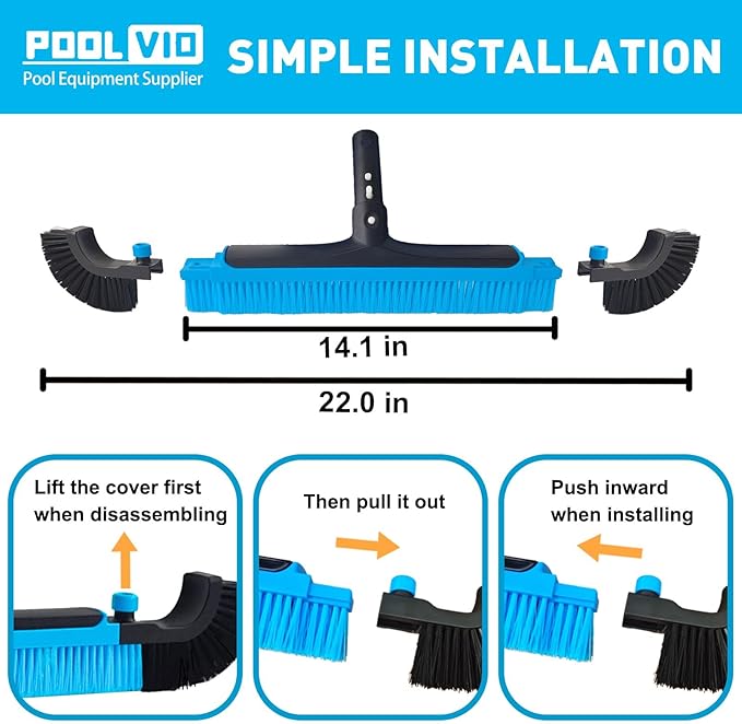 Poolvio 22" Extra-Wide Pool Brush Head, Heavy-Duty Pool Scrubber Brush with Detachable Corner Brush & Strong Nylon Bristles for Walls & Floors in Above-Ground and Inground Pools (Blue)
