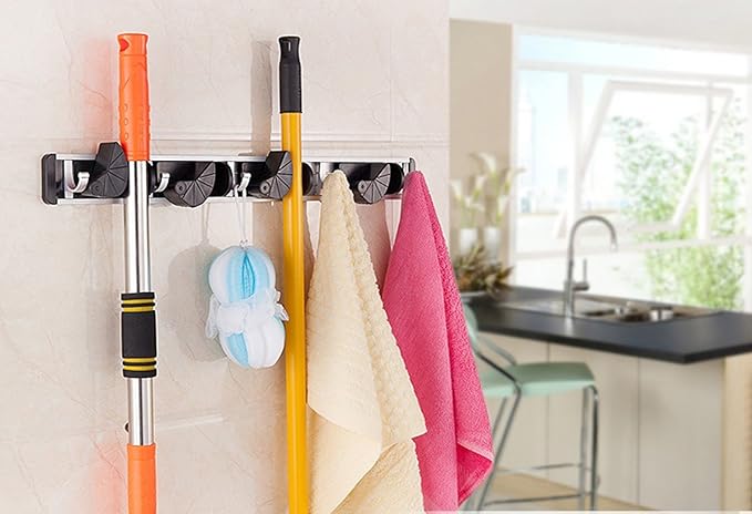 HUJI Wall Mount Broom Clamp Holder 4 Positions Grip Organizer & 5 Hooks Rack Home Kitchen Garage Mop tools Storage Organization System (3, 4 Position Grip Clamp Holder)