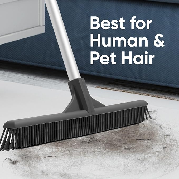 Superio 16 Silicone Pet Hair Remover Broom & 16 Dustpan with Comb, Rubber Lip & Clip - Carpet Rake Floor Cleaning Set for Carpet, Hardwood & Tile - Removes Fur, Dust & Debris
