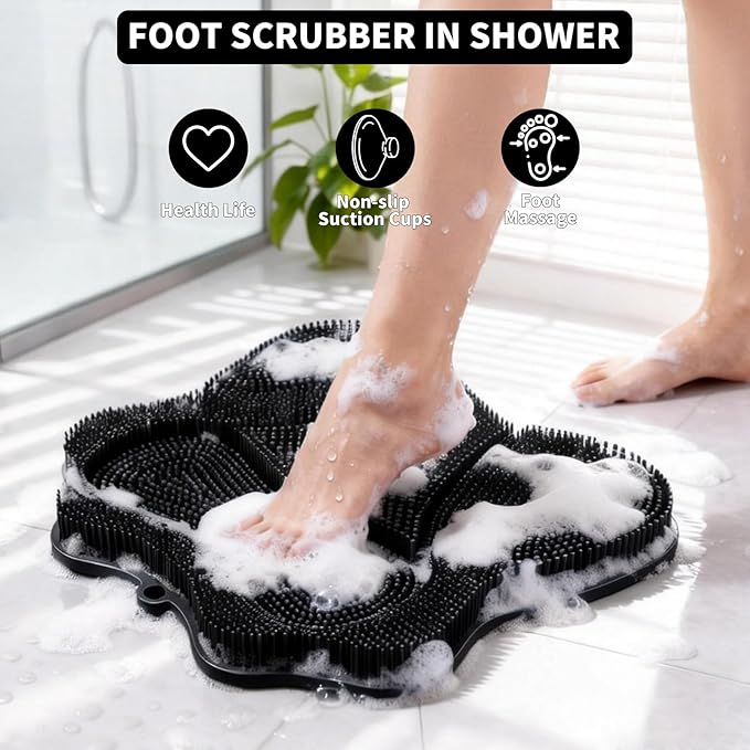 Show Foot Scrubber Mat & Silicone Back Scrubber with Butterfly Form Design,3 Brush Designs for Deep Cleaning Shower Foot Scrubber Mat, Wall Mounted Back Scrubber Silicone Bath (Black)