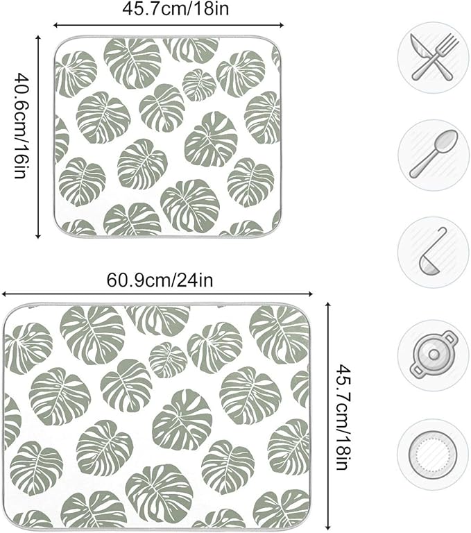 Green Palm Monstera Leaves Dish Drying Mat for Kitchen Counter Absorbent Microfiber Drying Pad, Large 18x24 in