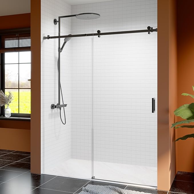 56-60 Inch Frameless Sliding Shower Door, 74" Height, 5/16" (8mm) Clear Tempered Glass, Smooth Gliding Track & Anti-Jumping System, Stainless Steel Matte Black Finish