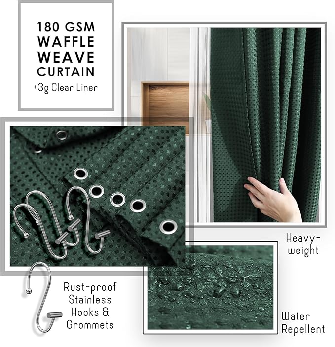Clara Clark Bathroom Accessories Set - Bathroom Set with Adhesive Corner Shower Caddy Hanging, 25PC Bathroom Accessory Set, Hunter Green Shower Curtain Set, Toilet Brush, Trash Can & Soap Dispenser