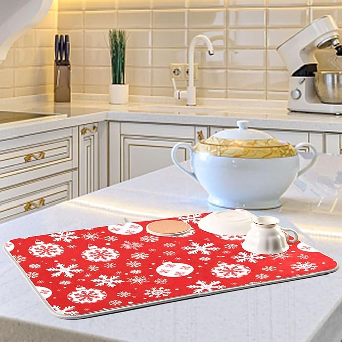 Christmas Snowflake Ball Baubles Dish Drying Mat for Kitchen Counter Absorbent Microfiber Drying Pad, Medium 16x18 in