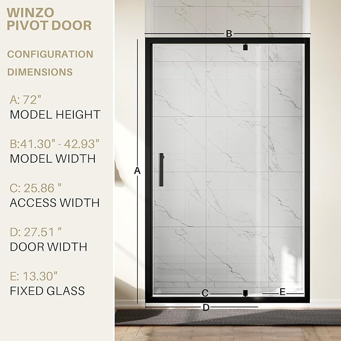 WinZo 41-42" W ×72" H Pivot Shower Door, 1/4"(6mm) SGCC Clear Tempered Glass Shower Door with Explosion Film, Nano Easy-Clean Coating, Reversible Installation, Matte Black
