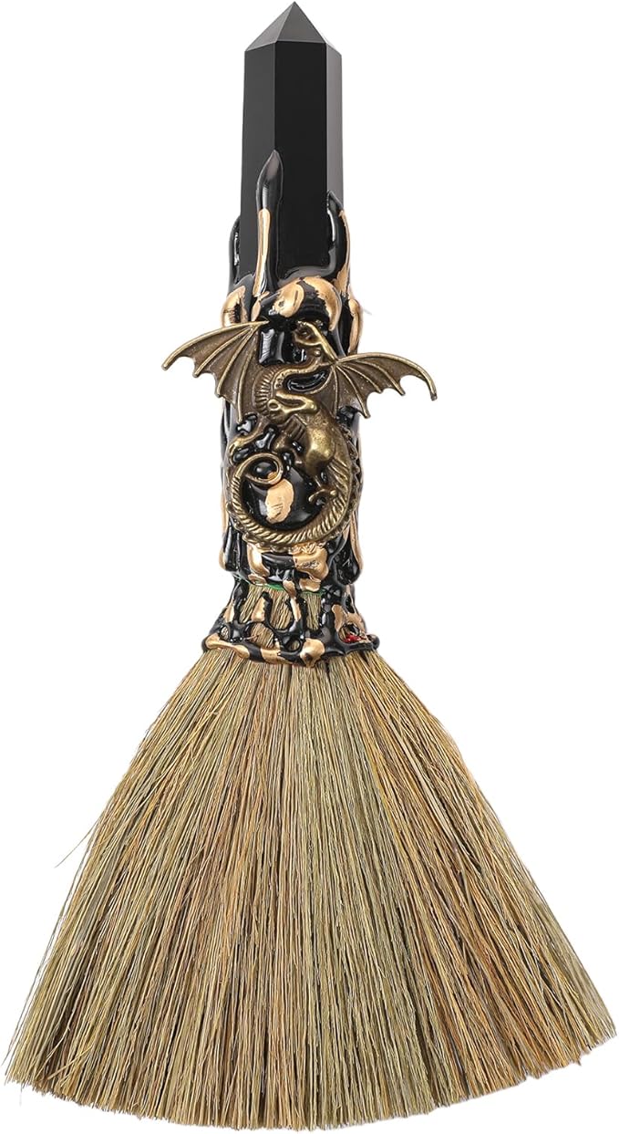 Witch Crystal Altar Broom - Witchcraft Supplies Wiccan Decor Dragon Altar Supplies with Black Obsidian Natural Healing Crystals Reiki Energy Emotional Regulation Wealth Attraction Crafts