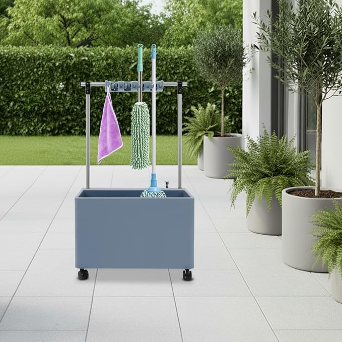 Floor Mop Sink, Mop Service Basin with Cleaning Tool Rack, Floor Mount Slop Sink with Wheels, With Drainage, for Kitchen, Laundry Room, Bathroom and Industrial Use (4 Mop Slots/5 Hooks)