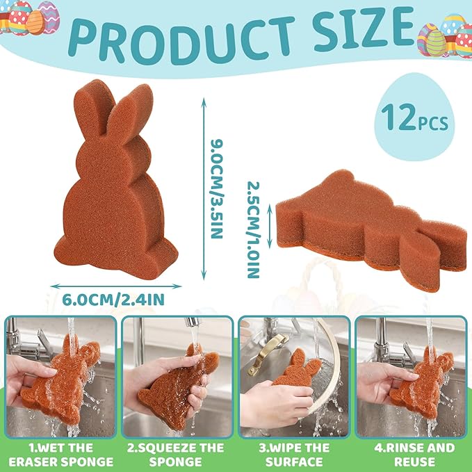 Tioncy 12 Pack Kitchen Sponges Bulk Dual Sided Scrubber Sponges Dishwashing Kitchen Cleaning Accessories for Household Supplies(Easter Bunny,White, Brown, Black)