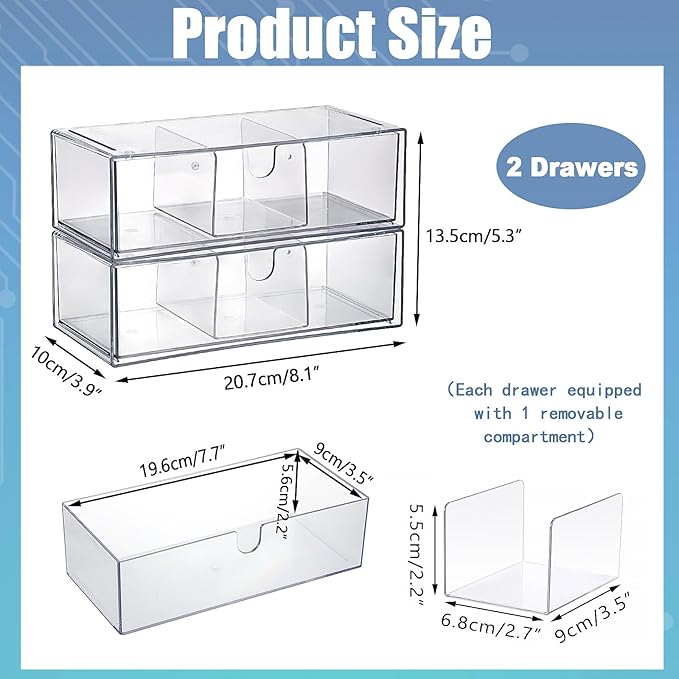 BTSKY 2 Pack Clear Acrylic Battery Storage Organizer for AA, AAA, 9V, C, D Batteries, 2-Drawer Storage Box Battery Holder for Common Types Batteries, Household Container(Batteries Not Included)