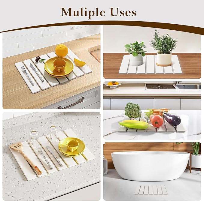 Large Stone Dish Drying Mats for Kitchen Counter,15.5“x 11.8”,Eco-Friendly,Foldable quick dry stone mat kitchen,Absorbent Diatomaceous Earth Mats for Dishes Bottles Cups Bathroom Any Countertop-white