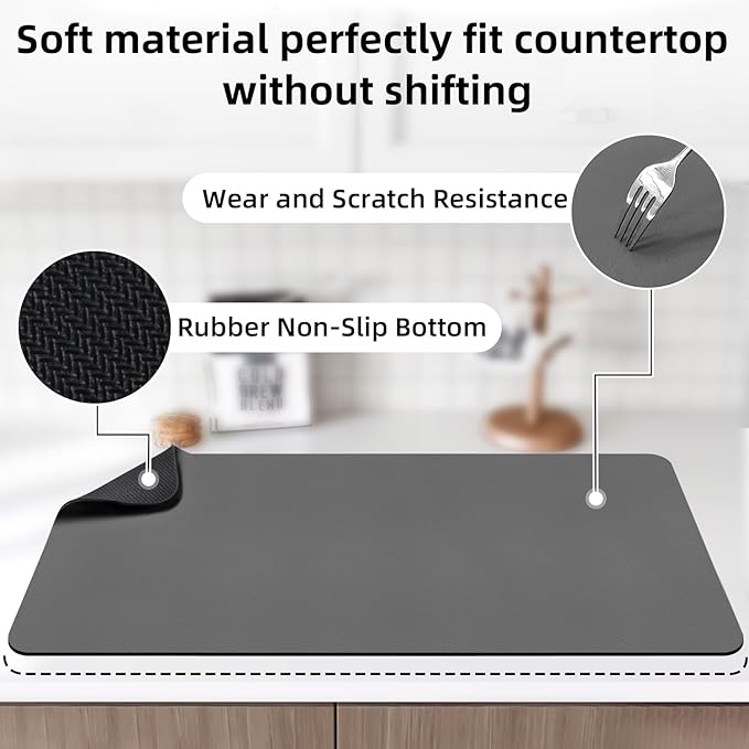 LOPNUR Kitchen Dish Drying Mat, 31.5"x17" Extra Large Dish Drying Mats for Kitchen Counter, Super Absorbent Dish Drying Pad, Diatomite Coffee Mat Heat Resistant Mat with Anti-slip Rubber Backed, Grey