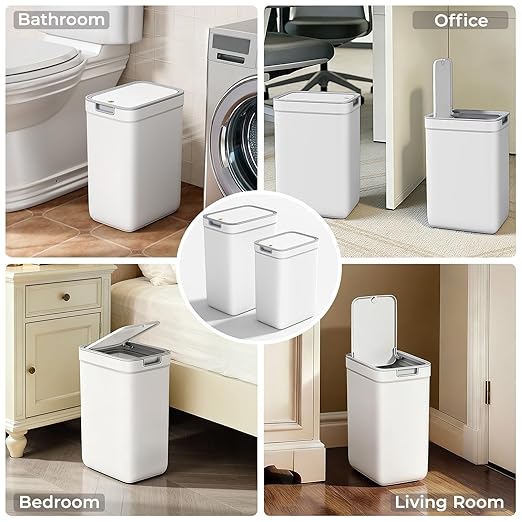 Spreezy Bathroom Trash Can with Lid 2 Pack (3.6 Gal & 2.4 Gal), Small Garbage Bin with Pop-Up Lid, Dog-Proof Waste Basket, for Kitchen, Bedroom, Office, Living Room, White