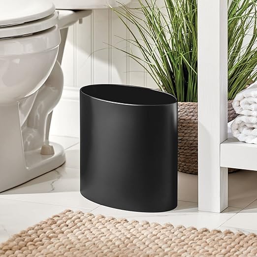 mDesign Stainless Steel Metal Oval Trash Can, 7.9 Liter/2.09 Gallon Wastebasket, Garbage Basket Bin for Bathroom, Bedroom, Kitchen, Home Office, Holds Waste and Recycle, Mirri Collection, Black
