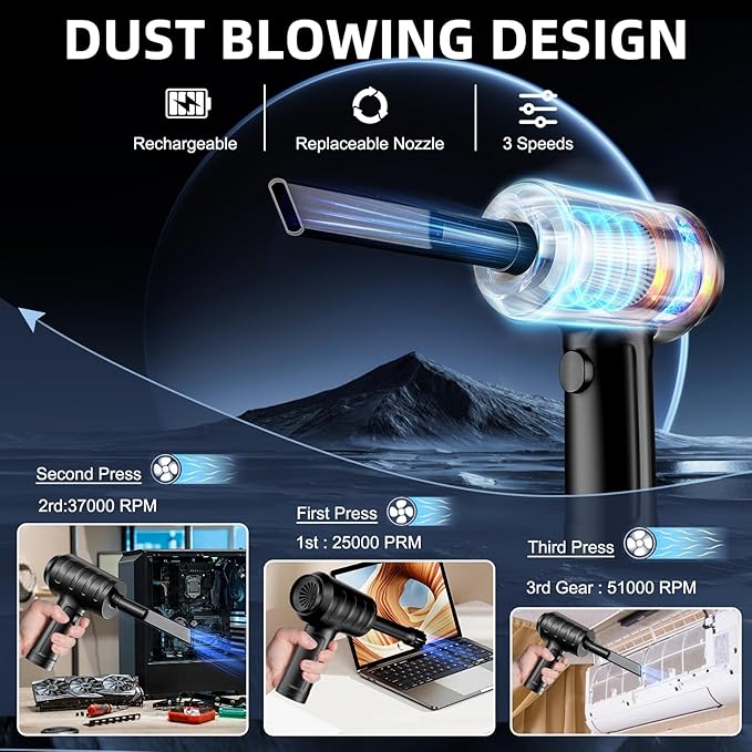 Compressed Air Duster - 51,000 RPM, 3 Adjustable Gears, 5 Nozzle Attachments, Type-C USB Rechargeable Air Blower for Electronics, Keyboards, and Dust Cleaning