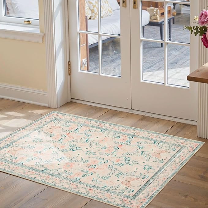 Pink Door Mat Floral Entryway Rug, Washable Samll 2x3 Rug, Boho Front Door Mat, Non Slip Area Rugs, Low Pile Throw Carpet for Indoor Entrance,Bathroom,Girls Room and Kitchen(Coral Pink 2x3ft)