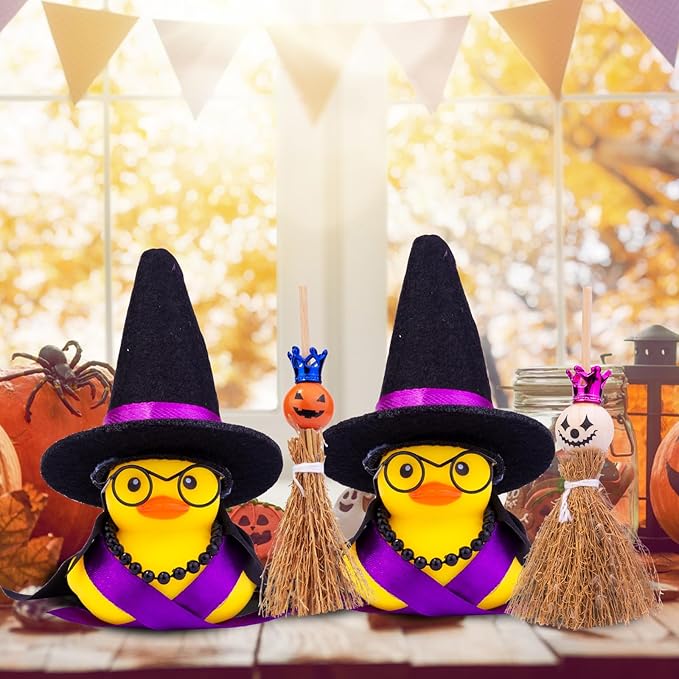Halloween Duck Car Ornament, Rubber Duck Car Dashboard Decor with Mini Witch Hat Sash Glasses Cloak Mini Broom