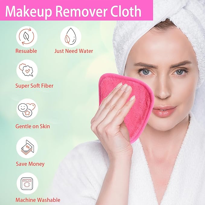 Makeup Remover Cloths for Face, Eye, Lips - Reusable Makeup Remover Pads Soft Microfiber Facial Cleansing Cloths 5 x 5 inch 12 Pack (Dark Pink)