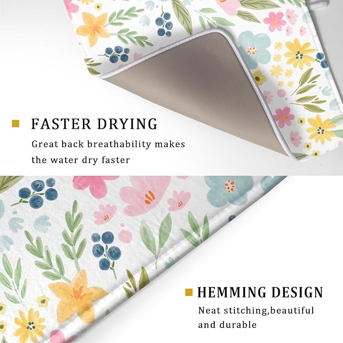 Spring Dish Drying Mat for Kitchen Counter Cute Floral Summer Holiday Microfiber Absorbent Dish Draining Reusable Washable Foldable Extra Large 18"x24"