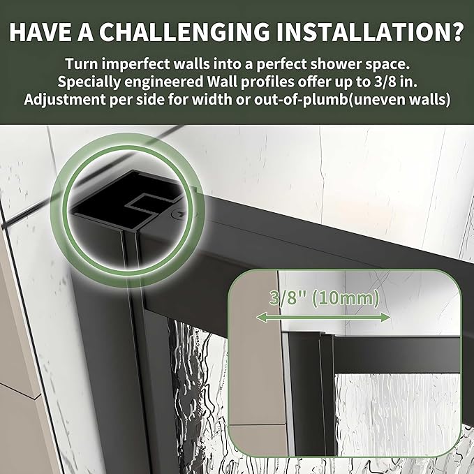 44-48" W x 71" H Pivot Glass Shower Door,1/4"(6mm) Thick SGCC Tempered Rain Glass,Matte Black Shower Door Adjustable Width,Reversible Installation