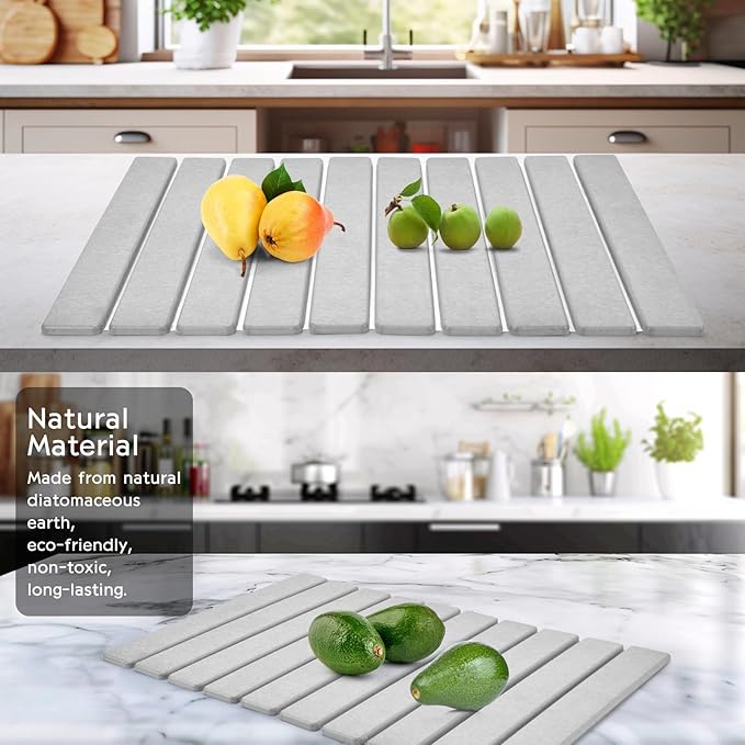 Large Stone Dish Drying Mats for Kitchen Counter, 24"(L)×16"(W) Collapsible Quick Dry Dish Drying Mat, Eco-Friendly Absorbent Diatomaceous Earth Mat for Dishes Bottles Cups, Match Any Countertop