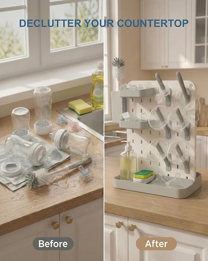 Baby Bottle Drying Rack with Brush & Soap Organizer, Space Saving Countertop Dryer Holder for Breast Pump Parts, Nipples & Accessories, Detachable High Capacity Stand with Drip Tray, BPA Free