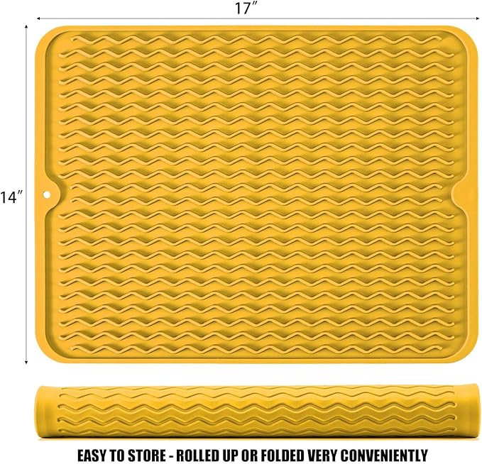 Large 17" x 14" Silicone Dish Drying Mat for Kitchen Counter, Easy clean, Quick Dry, Heat-resistant Dish Drainer Mat for Sink,Refrigerator or Drawer liner (Food Grade Silicone-Yellow)