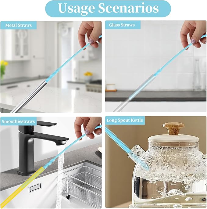 2Pcs silicone straw cleaning brushes, extra long, used for Cleaning Glass Metal Smoothie Straws and StrawCups,Non-slip Handle Soft and Bendable, 6mm+9mm. (Blue)