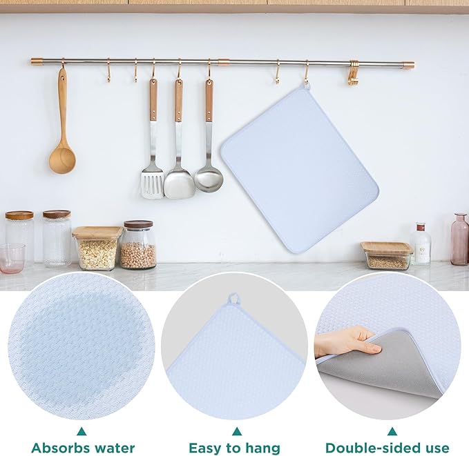 12 * 16 inch Microfiber Dish Drying Mat, Superb Absorbent Kitchen Dish Drying Pad, Reversible Drainboard for Countertop, Blue