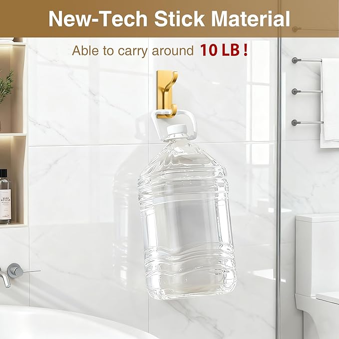 pickpiff Wall Hooks with Adhesive Strip - Easy to Remove, No Residue, Strong Heavy Duty Sticky Towel Hook, 8 Pack Brushed Gold
