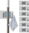 6 Pack Stainless Steel Mop and Broom Holders – Wall Mounted Grippers with Adhesive or Nail-Free Glue, No-Drill Installation for Kitchen, Bathroom, Garage