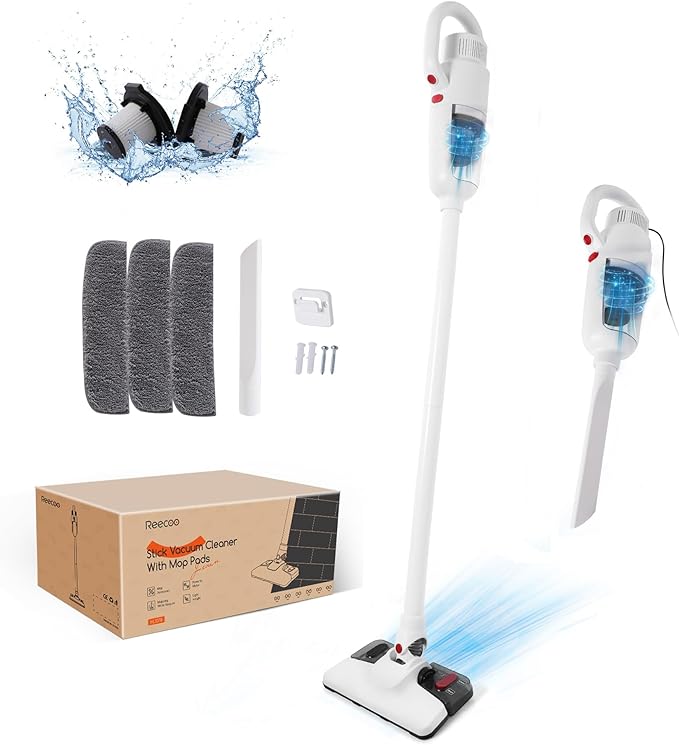 Lightweight Stick Vacuum Cleaner, Unique Vacuum and Mop Combo - 3 Dust Filters/Microfiber Pads,Corded Stick Vacuums & Electric Brooms - 400W 12Kpa Suction for Kitchen, Bedroom, Living Room