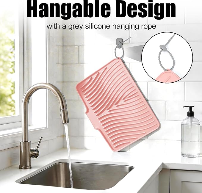 Silicone Dish Drying Mat for Kitchen Counter, Dish Drying Pad, Non-Slip Drain Pad with Built-in Drain, Heat Resistant Stone Drying Mat(16" x 12", Pink)