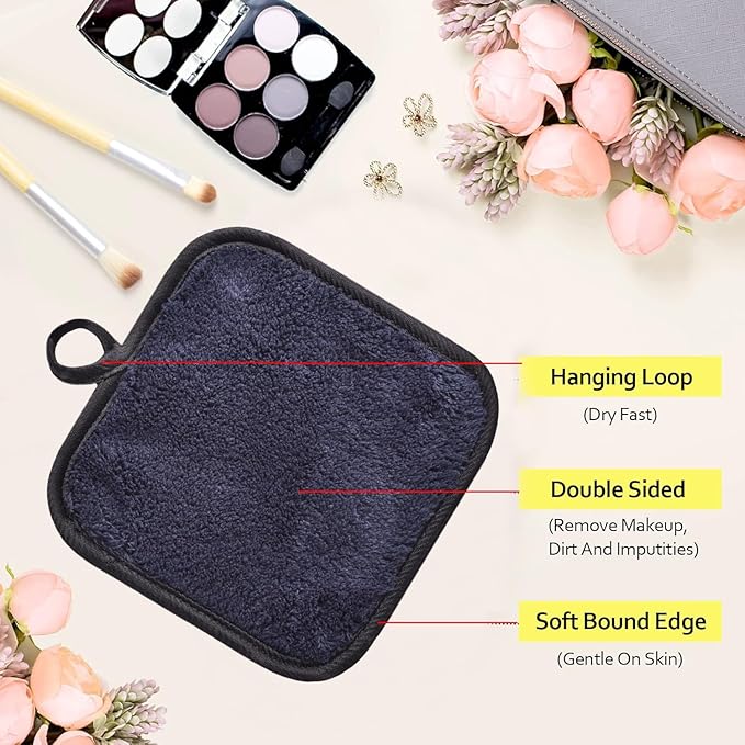 Makeup Remover Cloths for Face, Eye, Lips - Reusable Face Cleansing Cloth Microfiber Makeup Remover Pads 5 x 5 inch 6 Pack (Black)