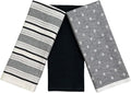 Black White Kitchen Hand Dish Towels: Oversized 28" x 16",100% Cotton Cloth Soft Cleaning Drying Absorbent Striped Solid Polka Dot Design, Set of 3 Multipurpose for Everyday Use (Black Austin)