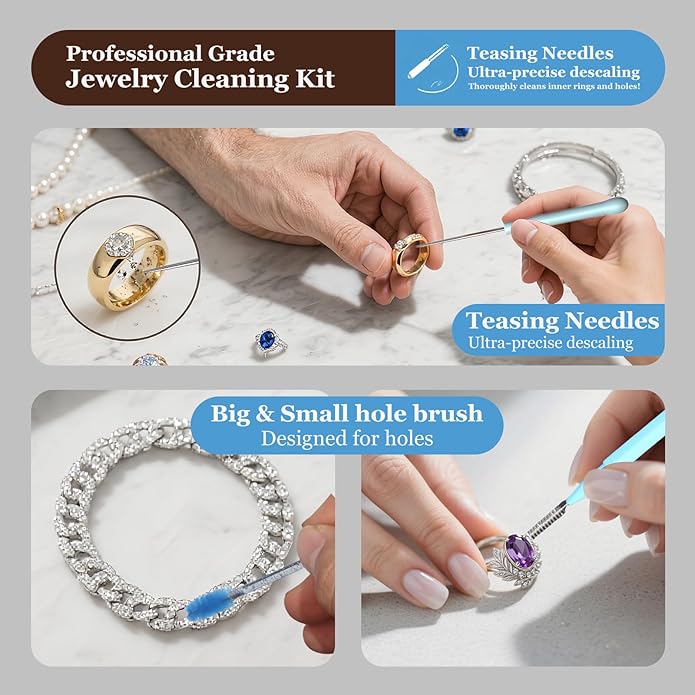 Jewelry Cleaning Kit,20 Pcs Professional Silver Cleaning Kit with Polishing Cloth Needles Brush for All Jewelry Diamond Ring Earring