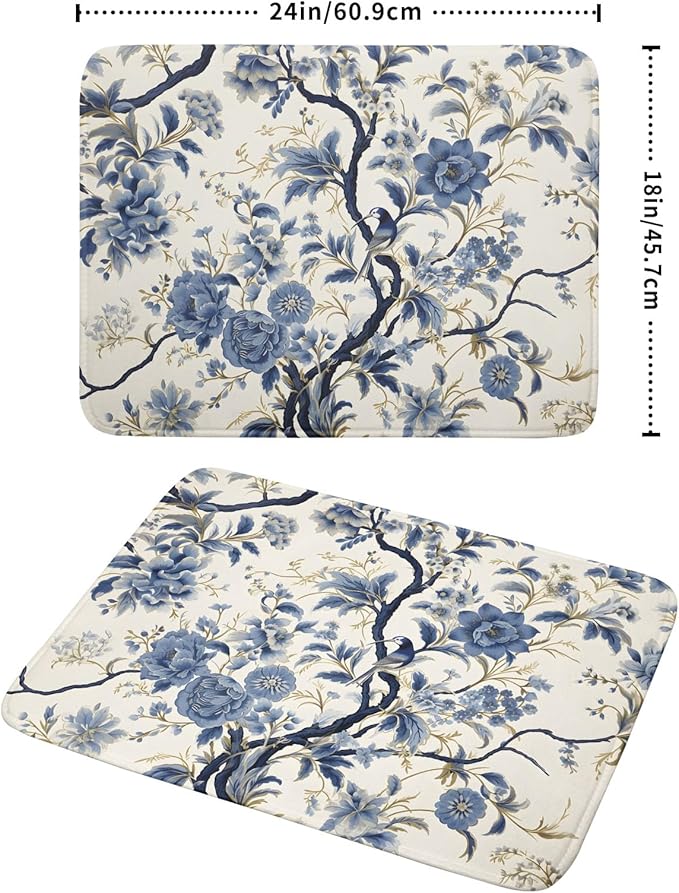 Chinoiserie Trees Dish Drying Mat for Kitchen Counter,Bule Birds Flowers Drying Mat 18 x 24 Inch with Absorbent Reversible Microfiber Drying Pad for Coffee Bar