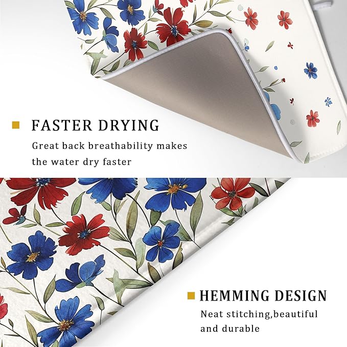 Khope 4th of July Dish Drying Mat for Kitchen Counter 18x24 Inch America Colorful Red Blue Floral Reusable Washable Memorial Day Flowers Drying Pad Countertop Home Decor