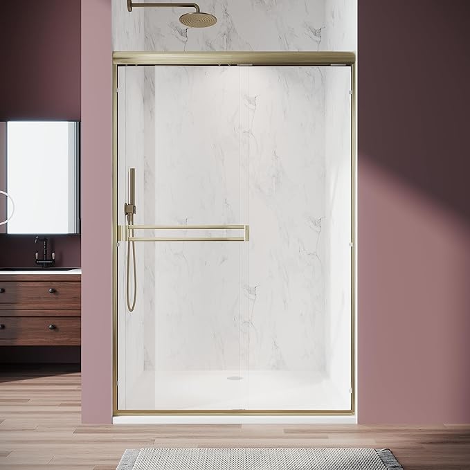 Shower Door 44-48 in. W x 72 in. H, UCALAFEE Semi-Frameless Double Sliding Shower Door with 1/4" (6mm) SGCC Clear Tempered Glass, Silent Soft-Close & Anti-Leak Walk-in Shower Door, Brushed Gold